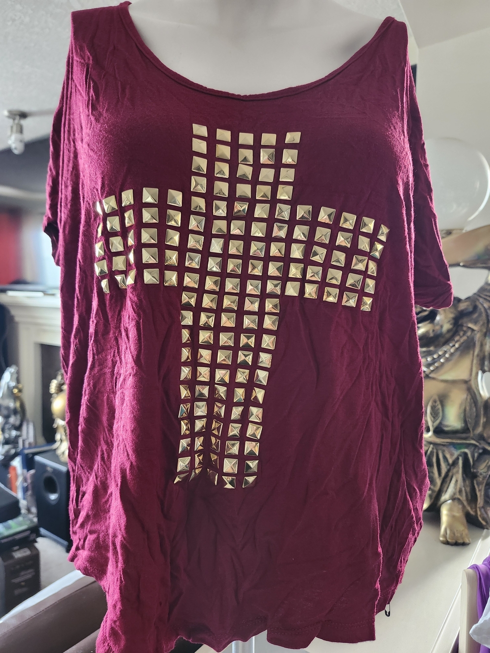 Women's Burgundy Studded Cross Short Sleeve Top